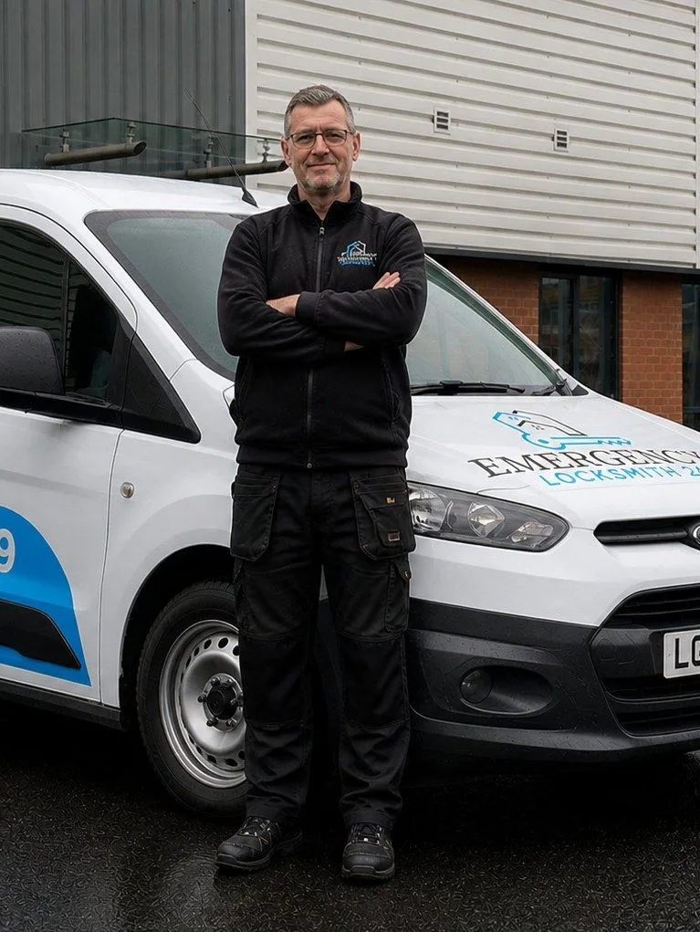 Emergency Locksmith 24 technician beside the branded service van — auto locksmith service available across Redditch.