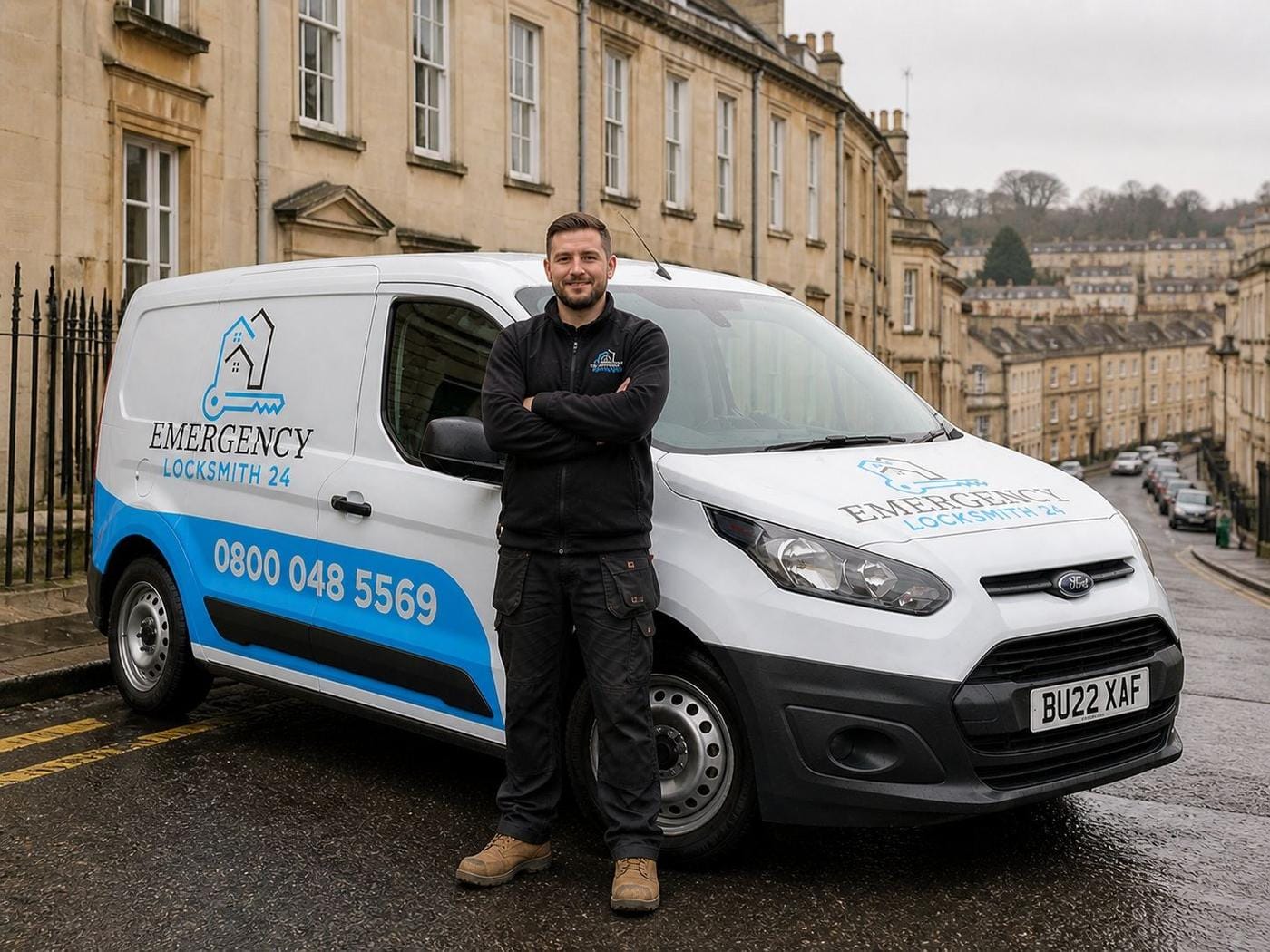 Emergency Locksmith 24 technician standing beside the branded service van — phone number 0800 048 5569 and company logo clearly visible — ready to dispatch across Bath.