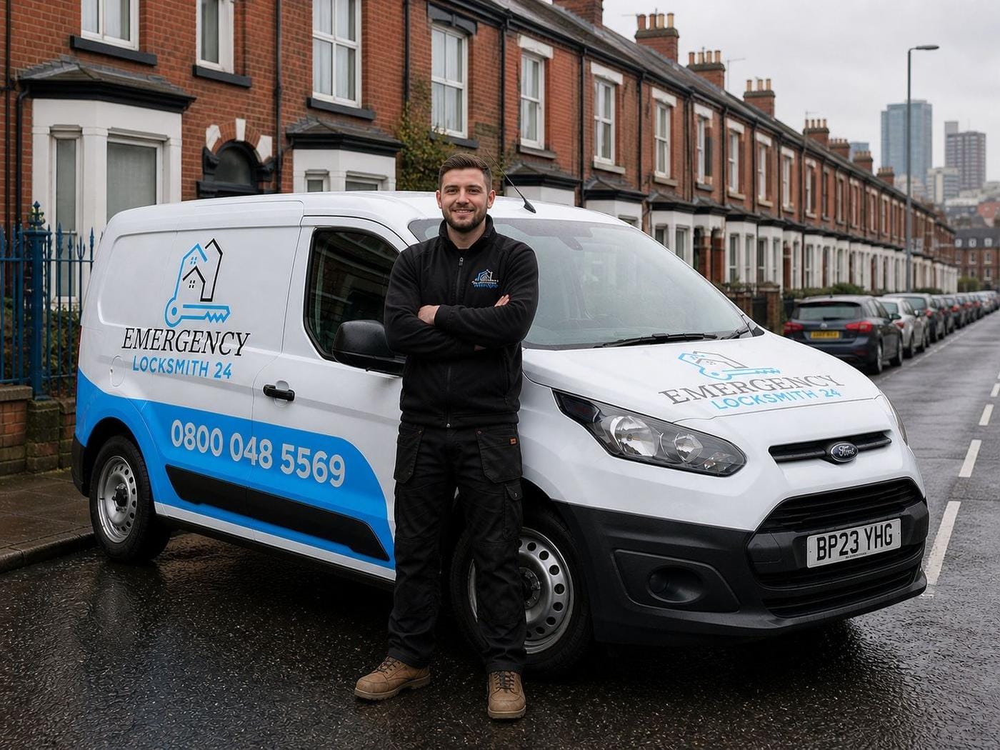 Emergency Locksmith 24 technician standing beside the branded service van — phone number 0800 048 5569 and company logo clearly visible — ready to dispatch across Birmingham.