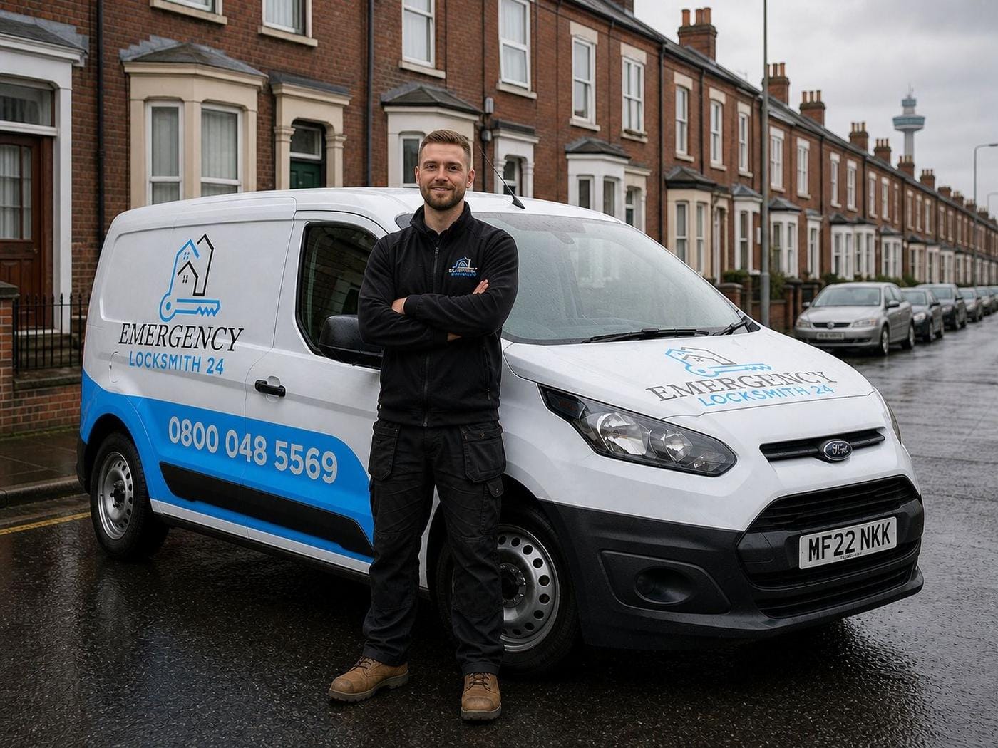 Emergency Locksmith 24 technician standing beside the branded service van — phone number 0800 048 5569 and company logo clearly visible — ready to dispatch across Liverpool.