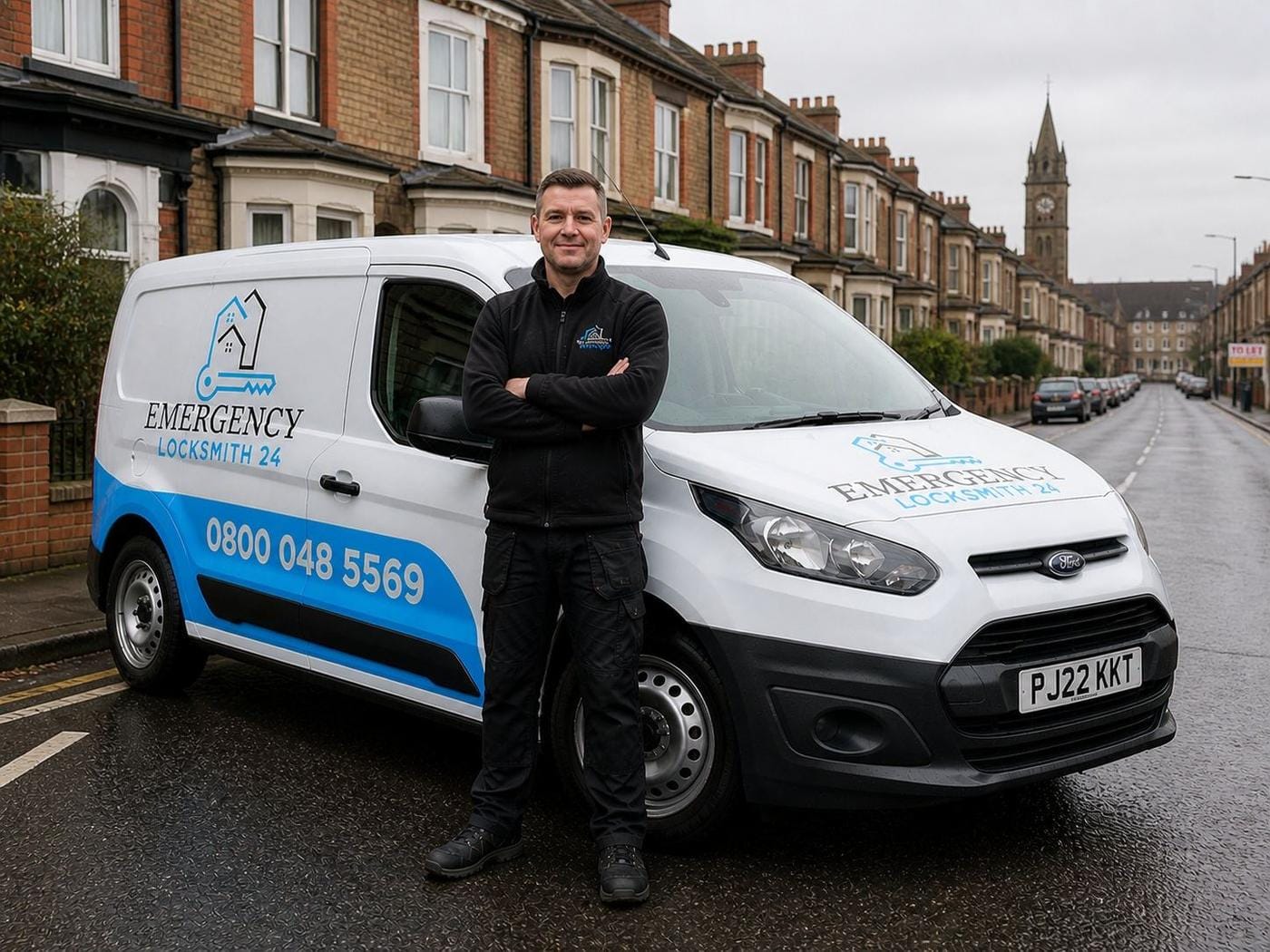 Emergency Locksmith 24 technician standing beside the branded service van — phone number 0800 048 5569 and company logo clearly visible — ready to dispatch across Preston.
